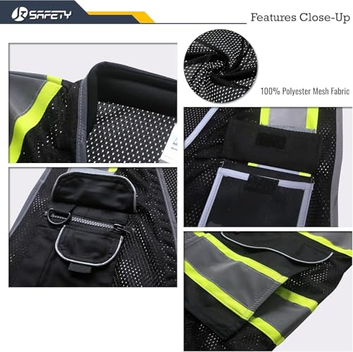 Image of JKSafety 9 Pockets Hi-Vis Black Safety Vest for Men Women High Visibility Reflective Construction Mesh Fabric Cushioned Collar Work Utility PPE Work Gear ANSI /ISEA compliant (101-Black S)