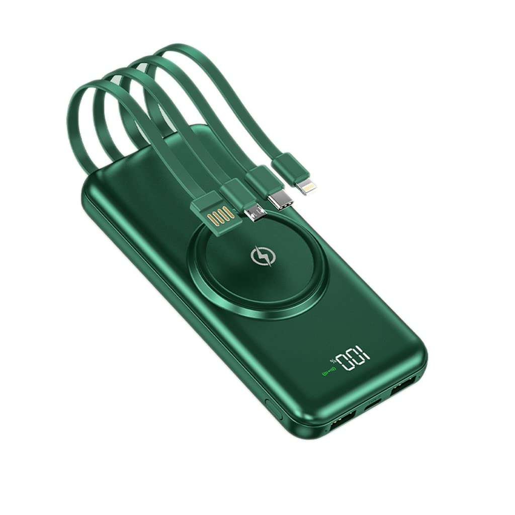 Alarm o dużej pojemności jest dostarczany z czteroprzewodowym power bankiem 20 000 mAh Telefon komórkowy o dużej pojemności Wygodny zasilacz mobilny (Color : Green, Size : 20000mAh)