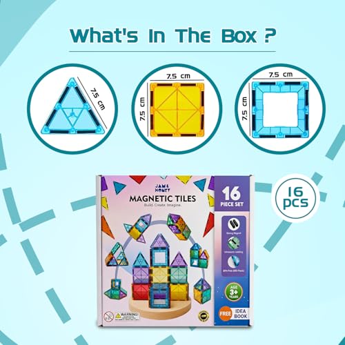 Image of Amazon Brand - Jam & Honey Magnetic Tiles Building Blocks for Kids 3+ Years - 16 pcs | STEM Learning Educational Toy | Creative & Constructive Play | Brain Development Toy | Transparent Starter Set | Multicolour