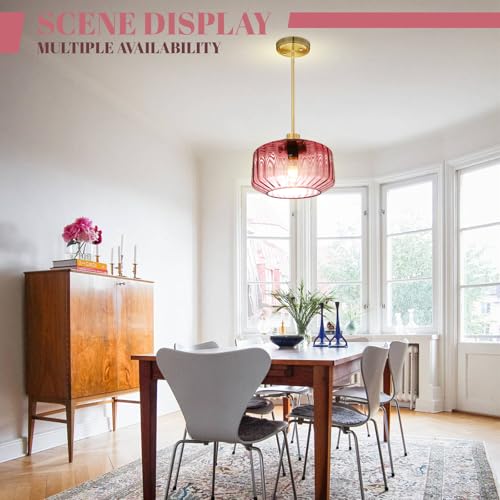Image of 2-Pack Flush Mount Pendant Light Fixtures Gold Dining Room Light Fixtures with Seeded Purple Glass Shade, 11.02 Inch Industrial Pendant Lamps for Kitchen Island Bar Study Room