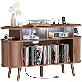 PRAISUN 47.2 Inch Large Record Player Stand with Power Outlets & 3-Color Lights, Vinyl Record Stand with 2 Fluted Cabinets, USB-C Port, Mid Century Modern Player Stand, Open Storage, Walnut