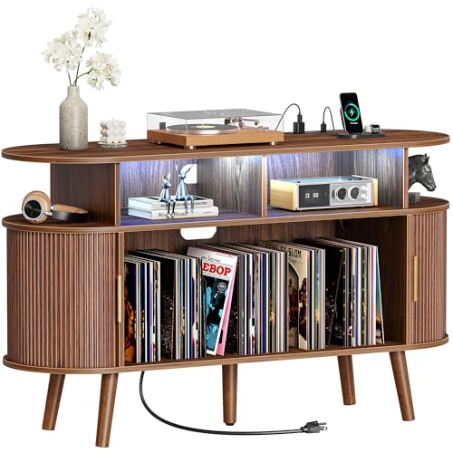 PRAISUN 47.2 Inch Large Record Player Stand with Power Outlets & 3-Color Lights Vinyl Record Stand with 2 Fluted Cabinets USB-C Port Mid Century Modern Player Stand Open Storage Walnut