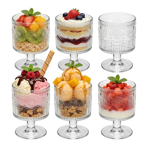 Qappda 6 Pack 10 Oz Glass Dessert Bowls/Cups, Glass Ice Cream Cups Bowls For Sundae, Fruit, Salad, Snack & Cocktail - Perfect For Home Use, Weddings, Parties & Special Occasions