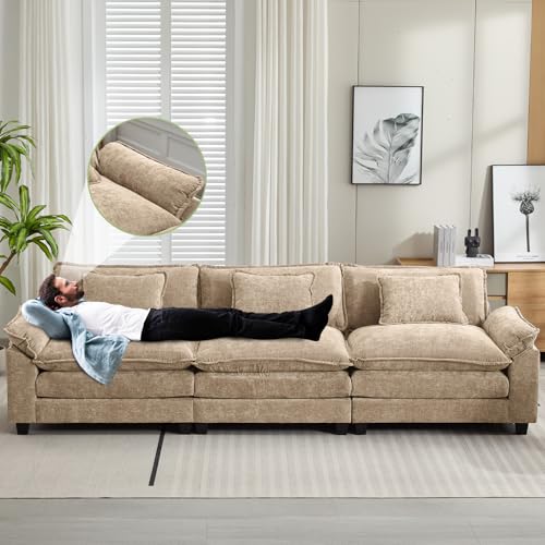 Image of Oprisen 120 inch Modular Sectional Sofa, Comfy Cloud Couch Sectional, Chenille Sofa Sleeper Deep Seat Sofa with Throw Pillows for Living Room (Khaki, 120 inch- 3 Seater)