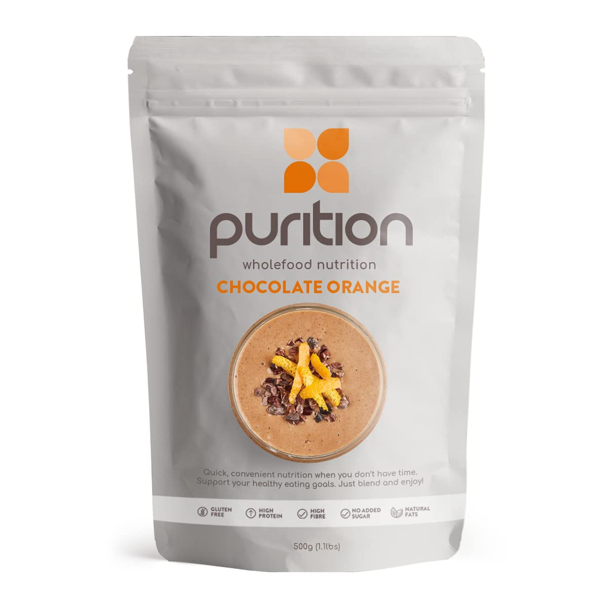 PuritionChocolate Orange – High Protein Wholefood Shake | 500g Natural Meal Replacement with Whey Protein for Keto Diet, Weight Loss & Healthy Breakfasts | 12 Servings
