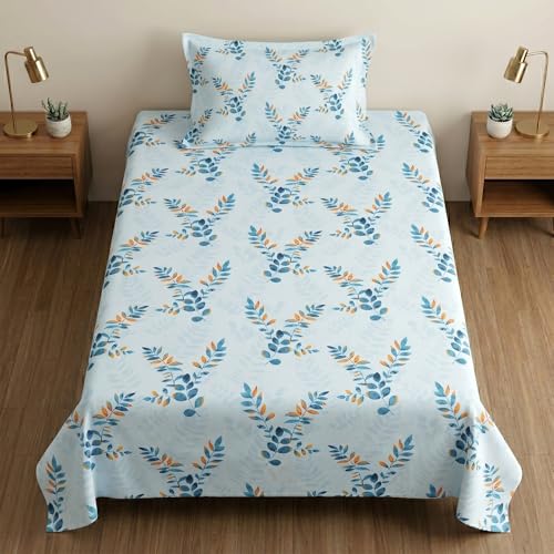 Image of Mafatlal 186 TC Metro Cotton Single Bedsheet | 90 x 60 Inch|Soft, Breathable & Lightweight | with Matching Pillow Cover| Nordic Blue