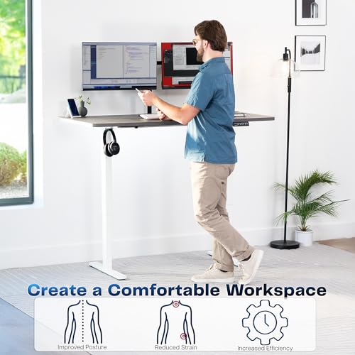 Image of VIVO Dark Gray 43 x 24 in Standing Desk, DESK-KIT-1W4G | Electric, Holds 220 lbs, Sit Stand, Height Adjustable, Solid One-Piece Table Top, Memory Presets, 1B Series, White Frame