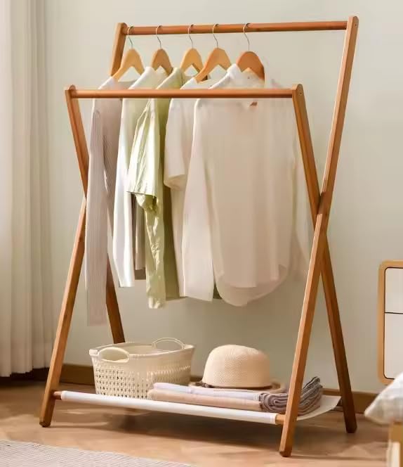 Lukzer X-Shape Bamboo Clothes Rack with Double Hanging Rods & Storage Shelf | Freestanding Garment Organizer Stand | Foldable, Durable, Multipurpose Clothing Rack for Bedroom, Hallway & Laundry Room.-picture-17