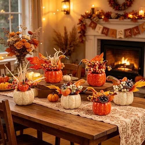 Image of winemana Fall Decorations for Home, Set of 6 Artificial Pumpkin | Table Centerpiece with Berry & Pine Cone, Thanksgiving Autumn Decor, For Office Bathroom Kitchen