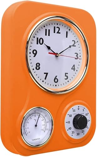 Miniatura 2 de Lily's Home - 9.5 pulgadas x 12.5 pulgadas - Reloj de pared retro para cocina, reloj de pared vintage con termómetro y temporizador de 60 minutos,
