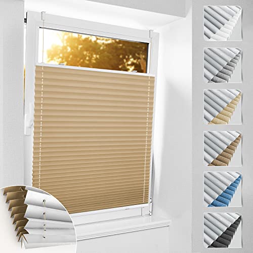 bobodeco Plissee ohne Bohren Verdunkelung Klemmfix, Beige 100x130 cm(BxH) Verdunklungsplissee Thermo Plissees 100% Verdunkelnd & lichtundurchlässig Plisseerollo für Fenster & Tür