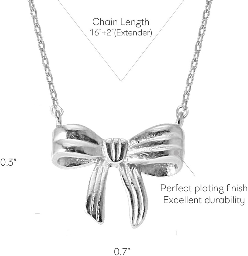 Ribbon Bow Necklace, Long Draped Bow Pendant, Minimalist Chain, Dainty Cute Jewelry for Women, MUSTHAVE 18K Gold Plated Bow Ribbon Pendant Necklace with Message Card, 16+2" Chain, Gift for Her (White Gold) - Image 2