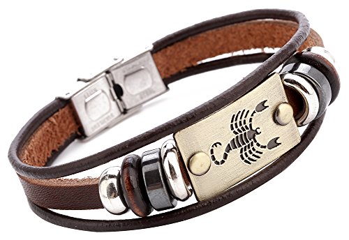 Hamoery Men Punk Beaded Alloy Multilayer Braided Rope Constellation Leather Cuff Bracelet Bangle Wristband(Scorpio) #TOP16