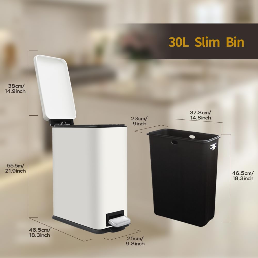 Mülleimer Küche, Schmaler Abfalleimer mit Deckel, Weiß Mülleimer | 30 Liter, Edelstahl Küchenmülleime, Küchenmülleimer mit Softclose-Deckel, Inneneimer, Treteimer für Küche,Wohnzimmer und Büro