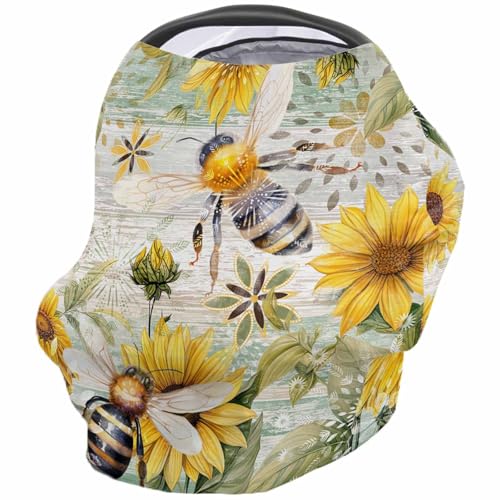 Nursing Cover for Breastfeeding Scarf, Flowers Sunflower Bees Green Wood Grain Baby Car Covers Super Soft Multi Use for Canopy Shopping Cart Cover Blanket Stroller Cover
