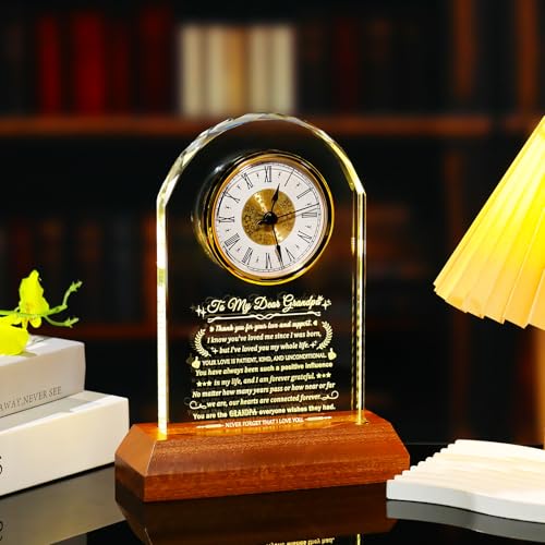 Image of Arikyrist Gifts for Grandpa from Granddaughter Grandson Glass Clock Grandpa Birthday Gift with Wooden Light Base, Presents for Best Grandfather from Grandchild Christmas Keepsakes for Him Table Decor