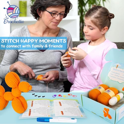 Image of Crochetta Crochet Kit for Beginners, Crochet Kit w Step-by-Step Video Tutorials, Crochet Starter Kit Learn to Crochet Kits for Adults Kids Beginners, Vibrant Orange Balloon Dog (40%+ Yarn Content)