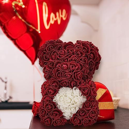 Valentines Day Gifts For Her, Rose Flower Bear -10Inch Rose Teddy Bear - Over 250 Dozen Flowers - Gifts For Mom, Birthday Gifts For Women, Girlfriend Gifts- W/Clear Gift Box(Burgundy) #TOP4