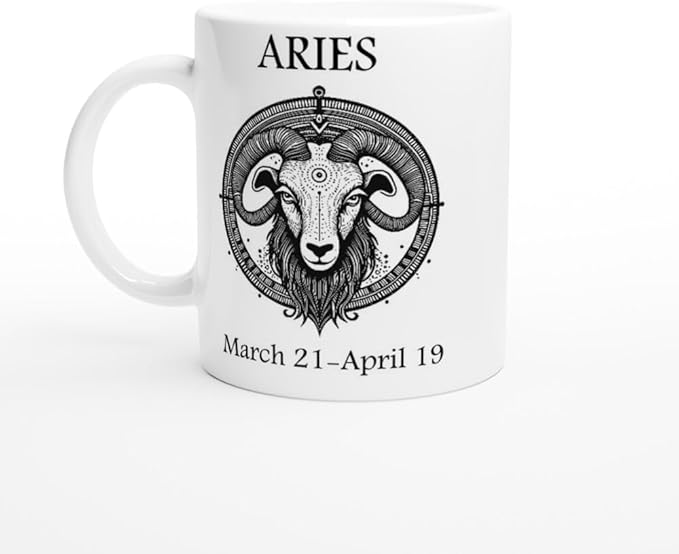 Aries Zodiac Sign Coffee Mug, 11oz Ceramic with Symbol & Traits, White