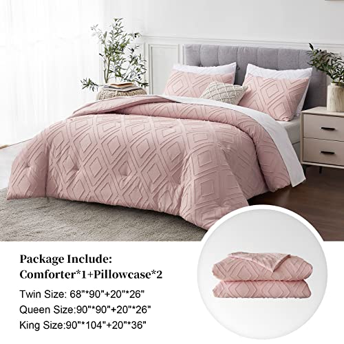 Frohaul Boho King Comforter Set,Blush Pink Rhombus Tufted King Size Comforter Set With Corner Loops,3 Pieces Embroidery Shabby Chic Bedding Comforter Sets For All Seasons(Blush Pink,King) #TOP1