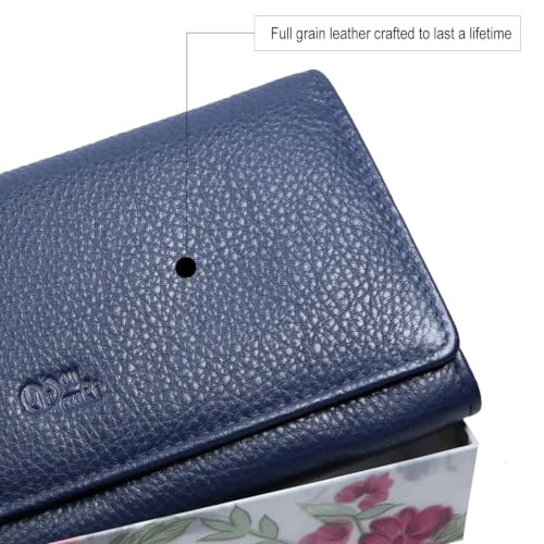 Image of Women's Top Grain Leather Wallet, RFID Blocking Bifold clutch, 17 Card Slots, Zip Pocket Organizer, Elegant Gift for Women - Birthday, Valentine, Anniversary - BLUE