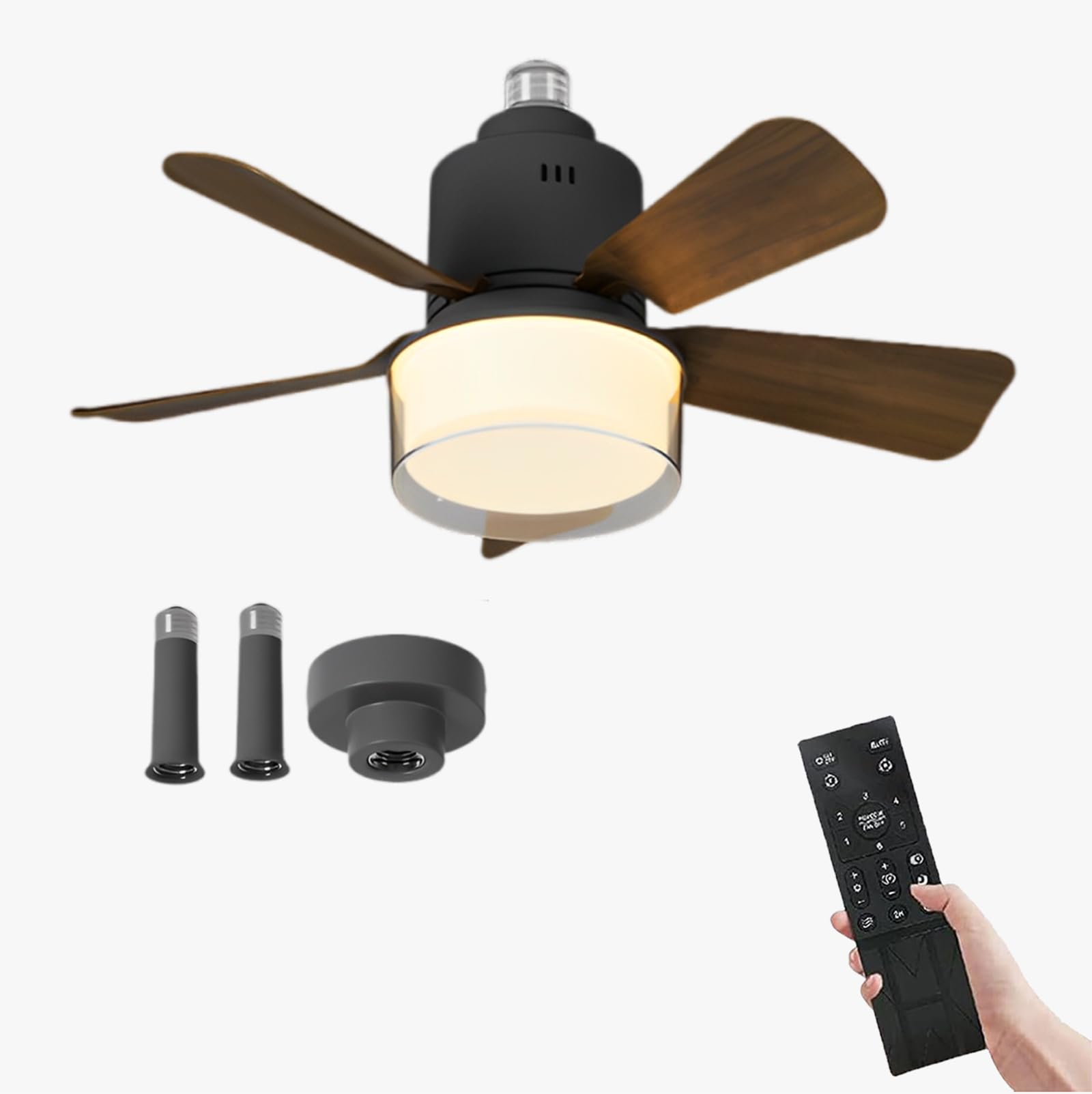 E27 Ceiling Fan Light with Remote Control, 24W LED, 4 Speeds & 3 Colour Modes (3000K–6500K), 2400LM Dimmable, Quiet Motor, Easy Install – for Bedroom, Kitchen, Garage (Walnut (with Connecting Rod))