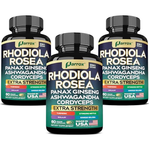 Parrox Rhodiola Rosea Panax Ginseng Ashwagandha Cordyceps Mushroom Turmeric Ginkgo Biloba Stinging Nettle Adaptogen Blend Supplement Capsules for Daily Wellness Support (3 Pack)