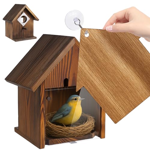 Window Bird Houses for Outside with Stainless Steel Guard Birdhouse Cover Panel and Adhesive Hooks Clear for Viewing Inside Hanging Wooden Birdhouses for Outdoors for Bluebird Finch Chickadee