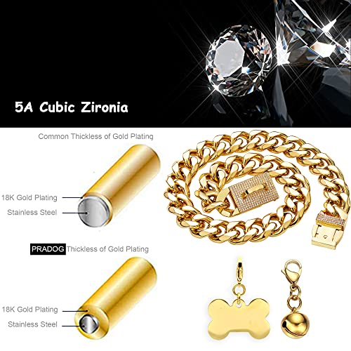 Gold Chain Dog Collar 19mm with Diamond Buckle Bell & Bone Tag Stainless Steel Chain Collars Cuban Link Dog Collar Designer Bling Puppy Necklace (19mm, 14″) Gold Chain Dog Collar 19mm with Diamond Buckle Bell & Bone Tag Stainless Steel Chain Collars Cuban Link Dog Collar Designer Bling Puppy Necklace (19mm, 14″)