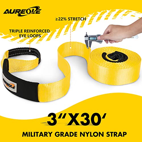 Aureole Heavy Duty Tow Strap Recovery Rope Kit 3" X 30Ft Snatch Straps Lab Tested 35,000Lb Break Strength, 22% Elongation 100% Nylon Strap + 3/4 D Ring Shackles (2 Pack) With 4 Washers + Storage Bag #TOP2