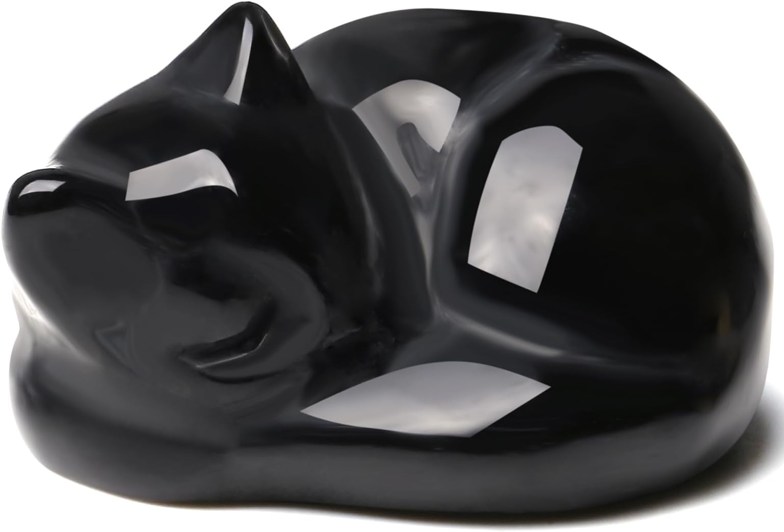 QINJIEJIE Black Obsidian Cat Crystals Figurine Sleeping Cat Decor Healing Stone Statue Gift Polished Carved Gemstones Sculpture Office Home Desk Lucky Kitten Cute Decoration for Cat Lover Men Women