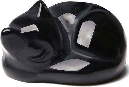 QINJIEJIE Decoración de cristales de gato de lepidolita, estatua de gato dormido, piedra curativa, decoración de piedra curativa, regalo tallado de