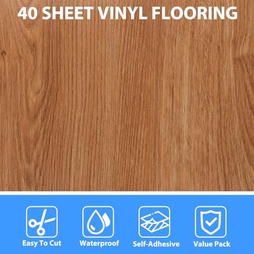 AKOLAFE 40 Sheet Vinyl Flooring 12 x 12 Inch Peel and Stick Floor Tile Waterproof Wood Flooring Tile Clearance Self Adhesive Vinyl Floor Tiles Sticky Laminate Flooring Stick on Kitchen Basement RV
