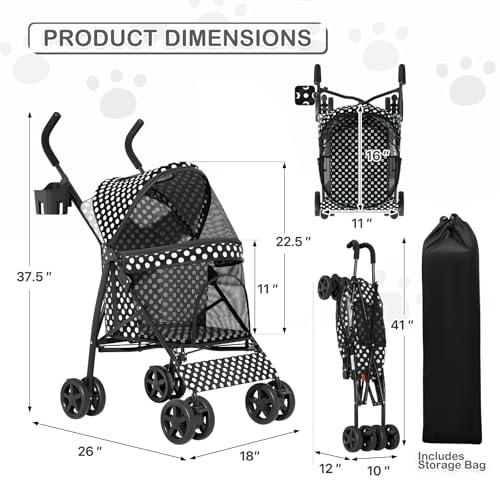 Image of MoNiBloom 4 Wheels Pet Stroller, Easy-Fold Umbrella Shaped Dog Cat Jogger Stroller w /Storage Bag & Visible Mesh for Small /Medium Dogs Cats Black Polka Dots