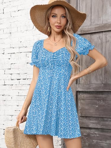 Image of Missufe Women's Puff Short Sleeve Drawstring Ruched Front Fit and Flare Floral Summer Casual Short Dress