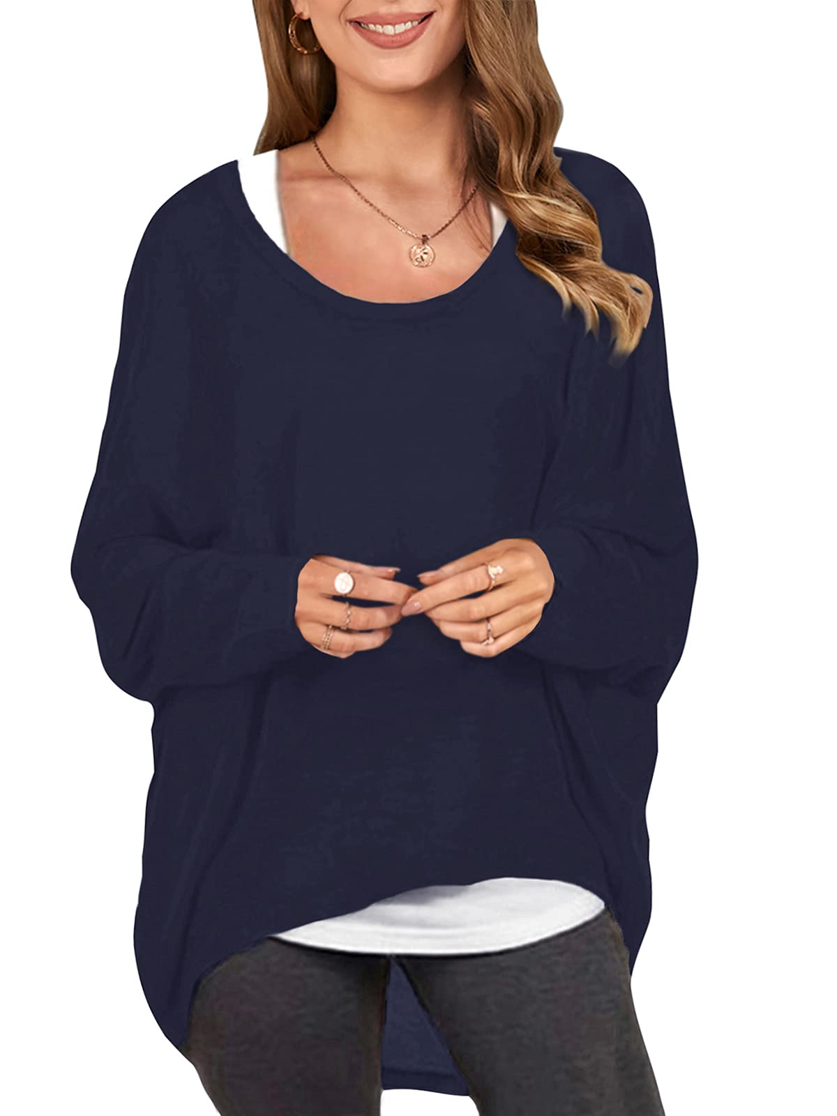 Zanzea Women's Plain Solid Navy Sexy Loose Solid Irregular Long Sleeve Baggy Jumper Casual Tops Blouse T-Shirt Navy 3XL