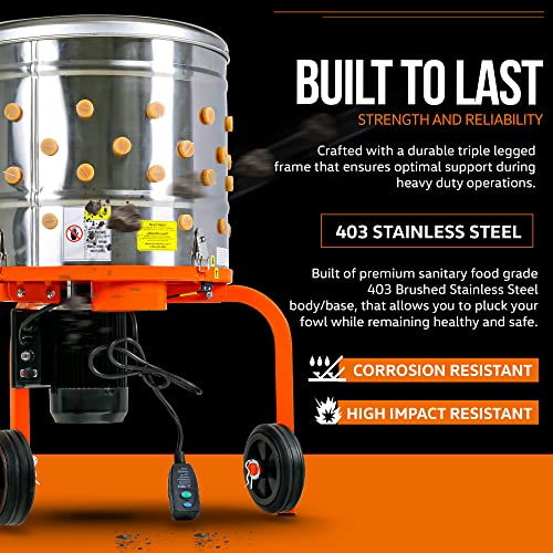 Superhandy Chicken Plucker De-Feather Remover Poultry And Fowl Food Processor Electric Stainless Steel Heavy Duty 1Hp 120Vac 280Rpm Gfci Connector 92 Soft Fingers 20" Drum Diameter #TOP6