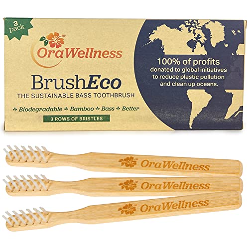 OraWellness Bamboo Toothbrush, Sustainable BrushEco with 3 Rows, Biodegradable Wooden Toothbrush for Healthy Mouth, Gums & Teeth, Reducing Gum Disease, BPA Free & Made in USA, 3 Pack