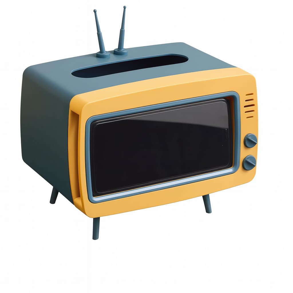 Coslifestore-Retro TV Style Tissue Box Holder with Mobile Stand for Home, Office, Study Table – Cute Design with Antenna – Desktop Organizer for Tissues, Tampons, Phones & More(Blue and Yellow)