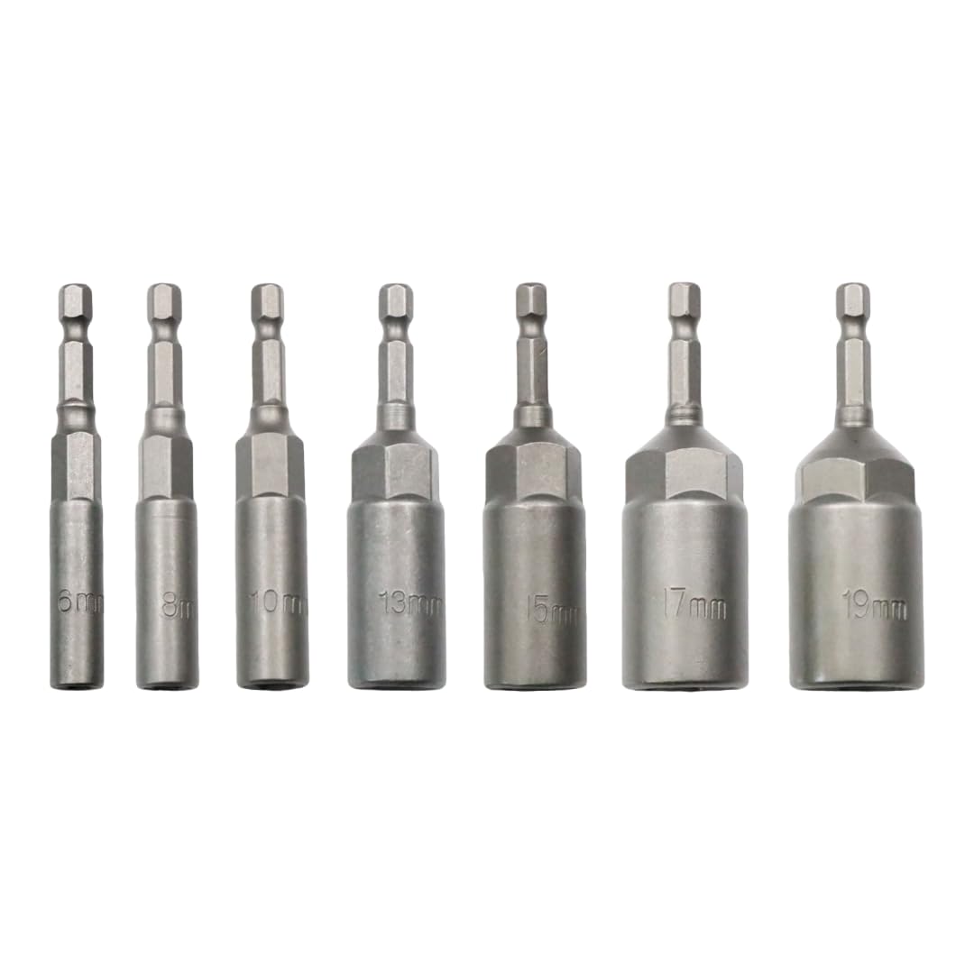 6-19mm Quick-Change 1/4 inch Hex Shank Metric Deep Socket Screwdriver Impact Nut Setter Extractor Remover Driver Drill Bit, 80mm Length, for Electric Manual Impact Screwdriver (1, Set 7 Sizes)
