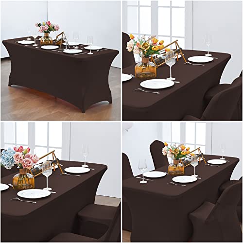Image of CWK 8FT Waterproof Stretch Spandex Table Cover for Rectangular Tables - Elastic Fitted Tablecloth for Folding Tables,Wrinkle Resistant Table Cloth for Parties, Weddings, Banquets & Events (Coffee)