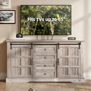 DWVO Farmhouse Sideboard Buffet Cabinet with Storage Large Kitchen Cabinet wSliding Barn Doors and 4 Drawers for Dining Room Wash Grey