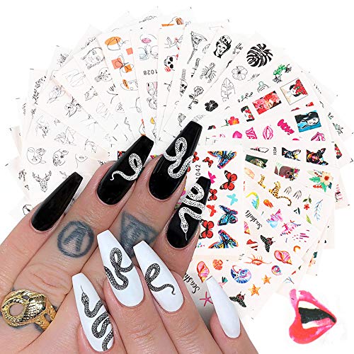 Macute Nail Art Stickers Set 32 Sheets Face Nail Stickers Butterfly Nail Decals Abstract Portrait Cool Python Red Rose Sexy Lip Wild Animal Nail Sticker Decals for Women Girls Nail Art Decorations