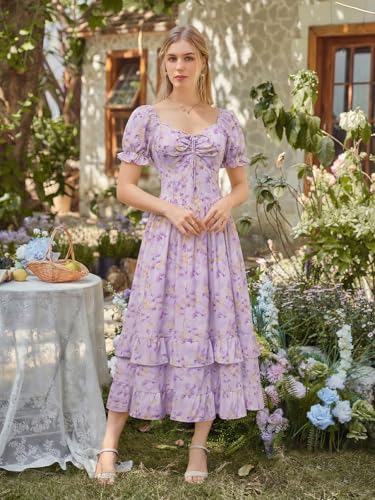 Image of Scarlet Darkness Women Floral Maxi Dress Puff Sleeve Tea Party Corset Dress | Pockets, Ruched Bust, Ruffled Hem, for Cottagecore Fairy Milkmaid Vacation
