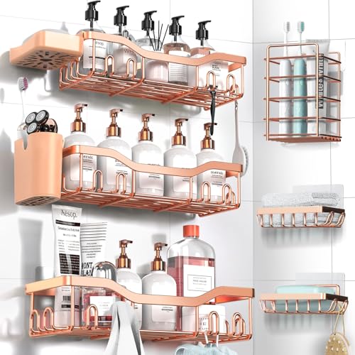 NESOMI Shower Caddy Adhesive Shower Organizer 8-Pack, Rustproof Stainless Steel Bathroom Shelves, Large Capacity No-Drill Rack Storage Accessories with Soap Dish Toothbrush Holder Hooks