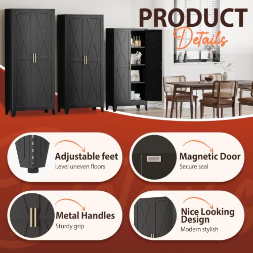 Image of PAOFIN 61 inch H Kitchen Storage Cabinet with Doors | Freestanding Pantry Cabinet,Farmhouse Food Storage Cabinets,Tall Cabinets for Kitchen, Dining Room, Living Room(Black)