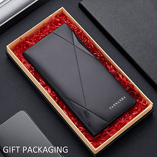VANNANBA Full Grain Wallet for Men RFID Blocking Leather Checkbook Wallet,Slim Bifold Credit Card Holder with ID Window & Gift Box（Black4
