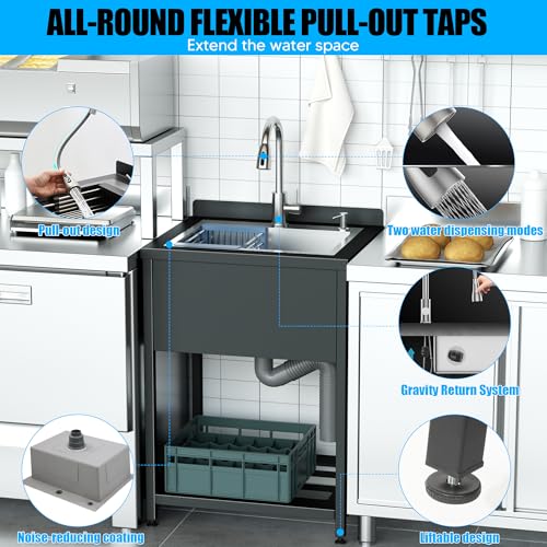 Image of Stainless Steel Utility Sink, 25.7 inch x 20.7 inch x 39.5 inchFreestanding Sink with Cold and Hot Water Faucet,Hoses and Drain Kit for Kitchens, Bathrooms, Garage, Laundry Room
