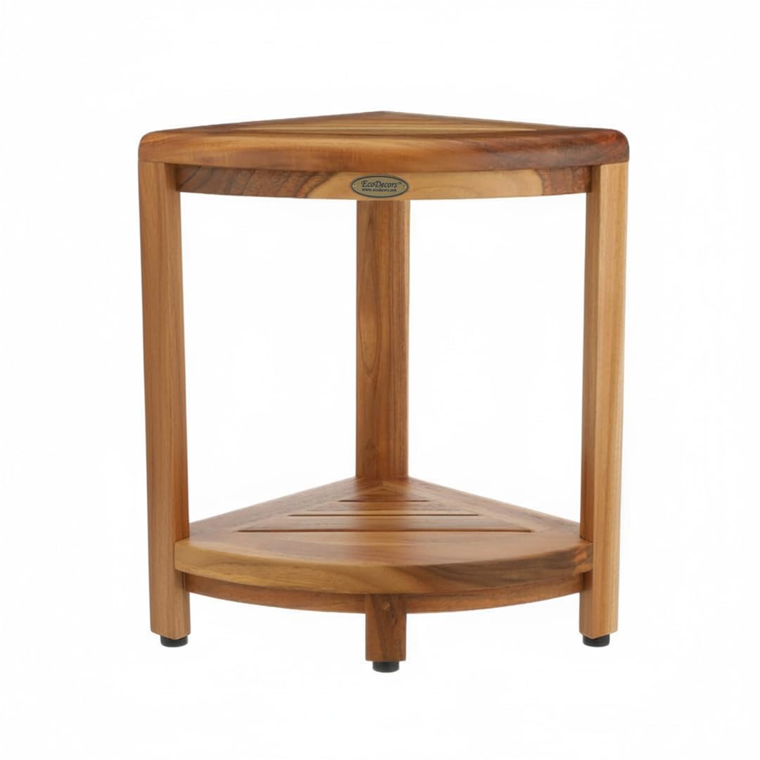 EcoDecors Snazzy - Taburete esquinero de dos niveles de color natural, impermeable, de madera de teca, para ducha interior, proporciona seguridad, almacenamiento y organización para accesorios de baño