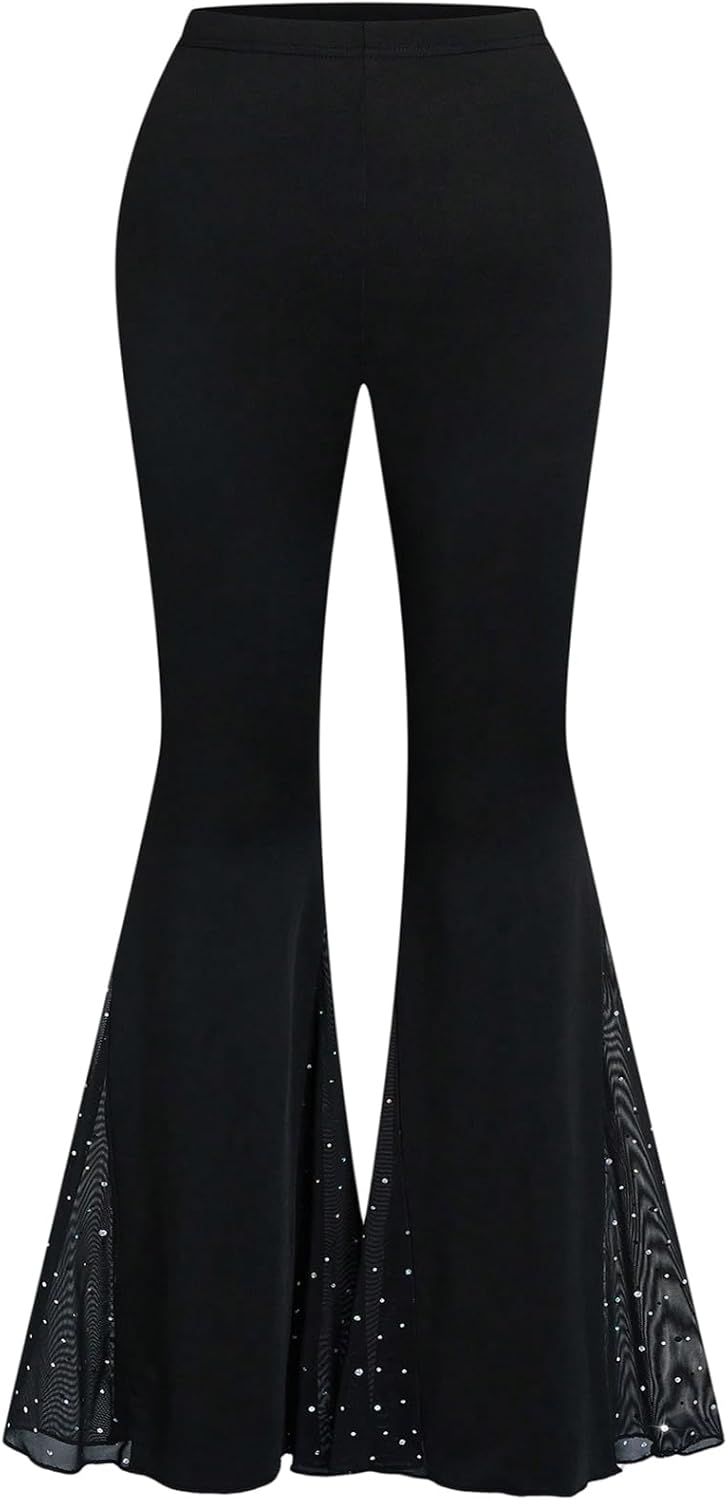 Floerns Women's Plus Size Rhinestone Flare Leggings High Waist 70s Disco Rave Bell Bottoms